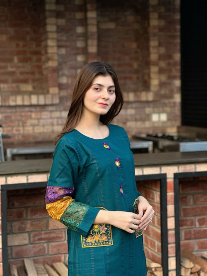Cotton Double Pocket Embroidery 2 Piece Suit