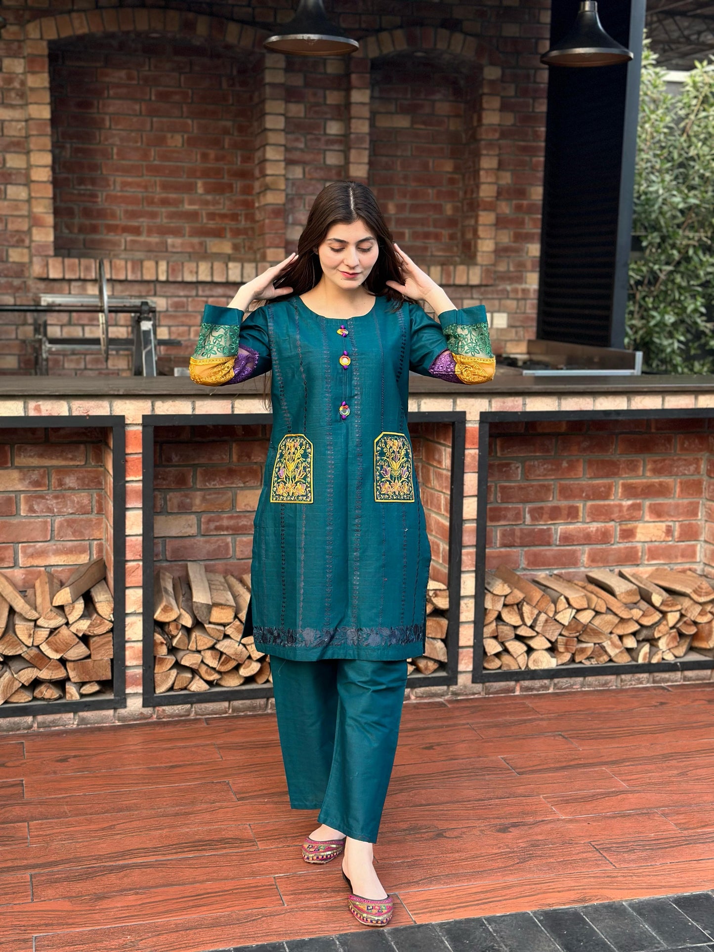 Cotton Double Pocket Embroidery 2 Piece Suit