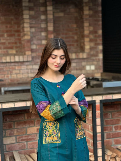 Cotton Double Pocket Embroidery 2 Piece Suit